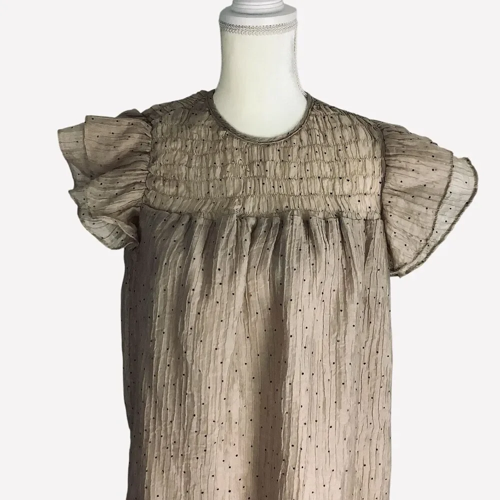 Women M Smocked Flutter Sleeve Mini Knee Dress Tan Dot Sheer Chifon Kawaii Fairy